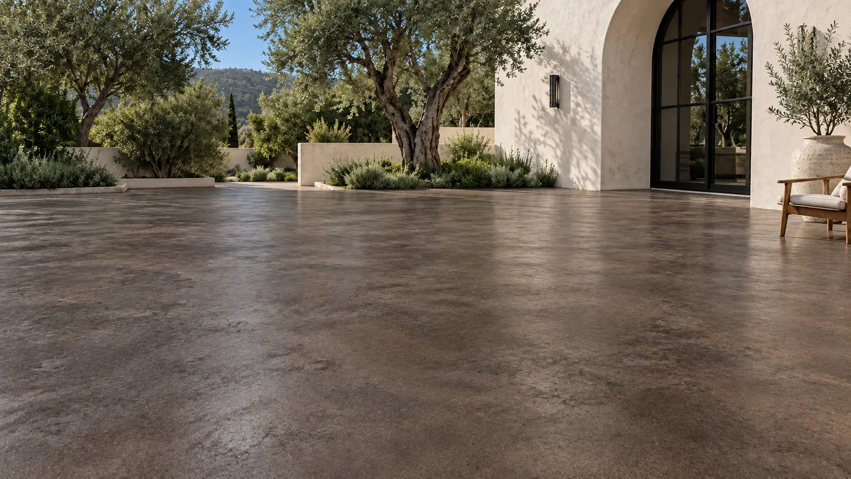 Walnut concrete, satin finish in daylight — AI-generated courtyard visualization